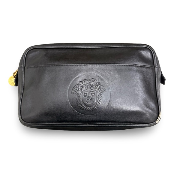 Authentic VERSACE Medusa Leather Clutch Hand Bag Pouch Purse Black 8624M - Picture 1 of 12